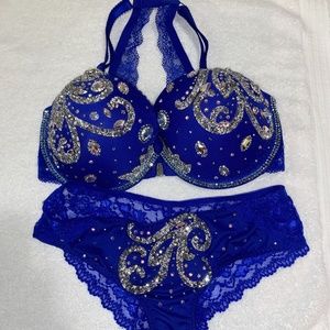 Blue Custom bejeweled Bra top and bottoms